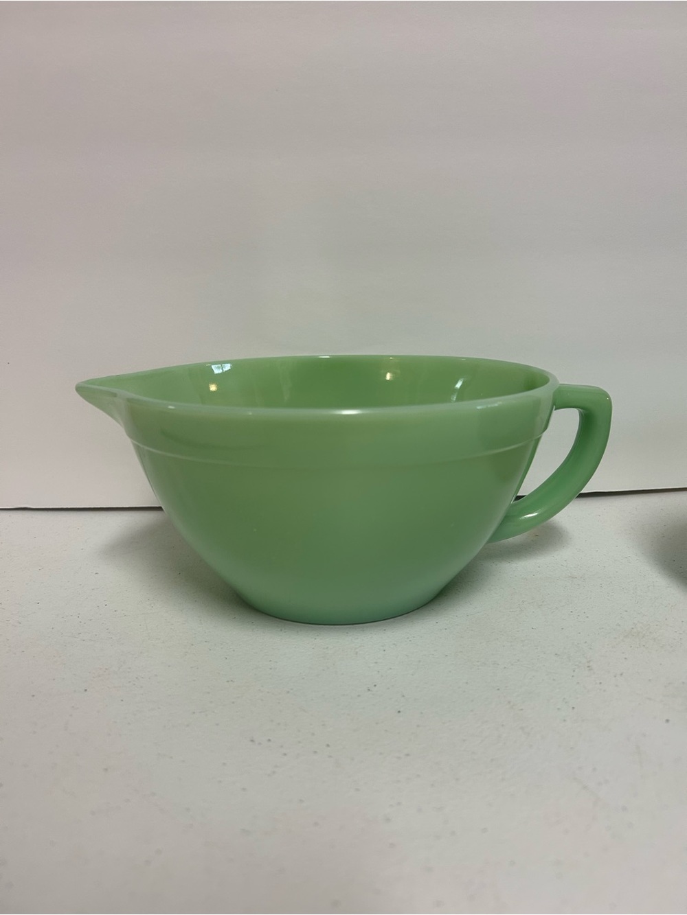 Fire King Jadeite Green Glass Mixing Bowl with Pour Spout and Handle